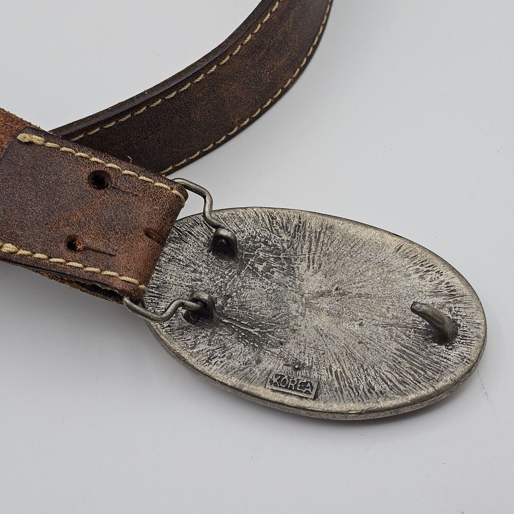 Vintage Brown‎ Leather Belt Men's Majestic Eagle with Flag Buckle Inlay Men's - Picture 3 of 7